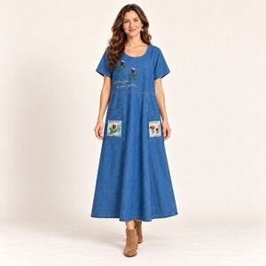 Cover Charge Denim Dress Womens L Floral Cottagecore Whimsical Pockets USA